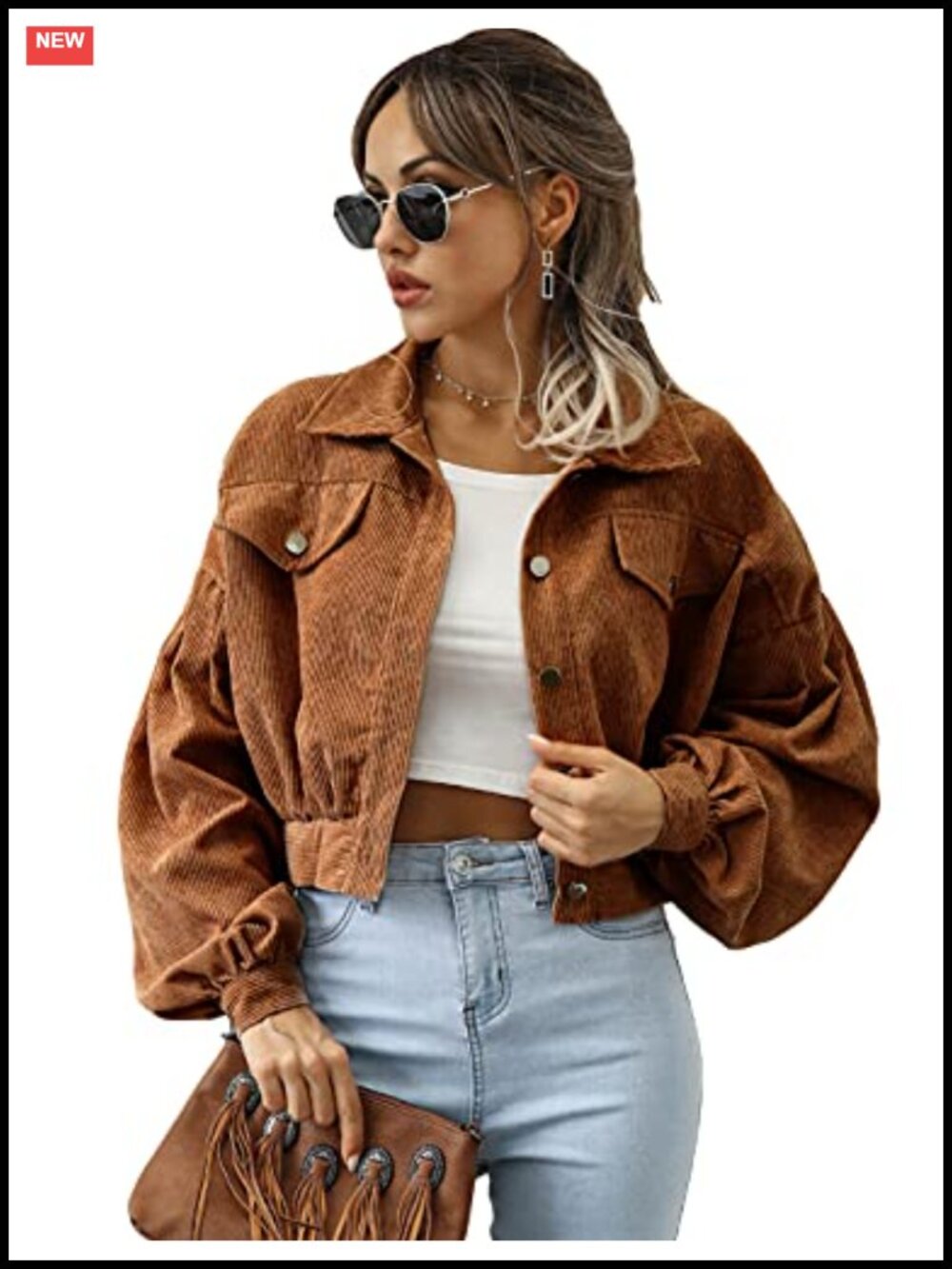 Women's Cropped Corduroy Jacket Lightweight Button Down Shacket Coat Puff Sleeve